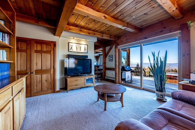 living room featuring beam ceiling, a baseboard heating unit, wood ceiling, and light carpet