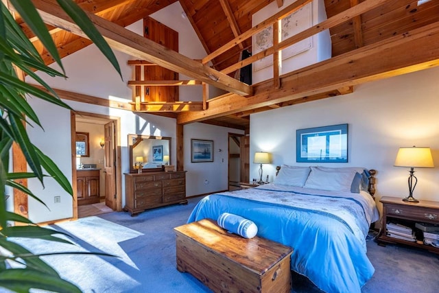 bedroom featuring beam ceiling, high vaulted ceiling, and carpet flooring