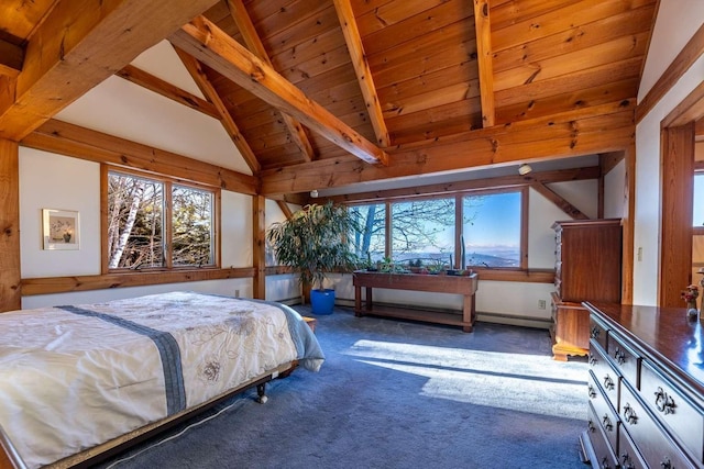 carpeted bedroom featuring vaulted ceiling with beams and wooden ceiling