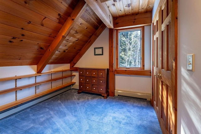 bonus room featuring vaulted ceiling with beams, a baseboard radiator, wooden ceiling, and dark colored carpet