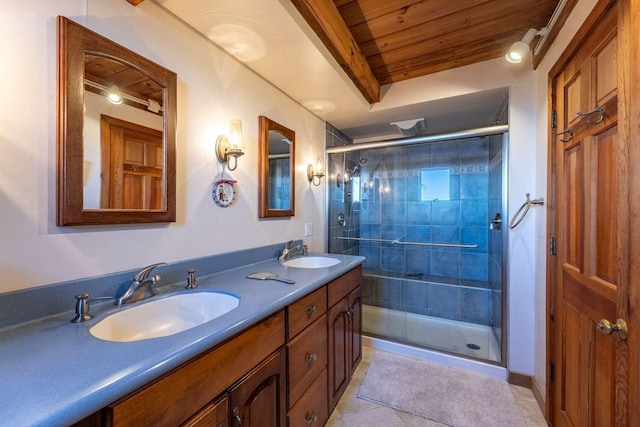 bathroom featuring wood ceiling, tile patterned floors, vanity, and an enclosed shower