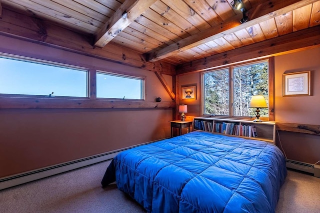 bedroom with wood ceiling, baseboard heating, beam ceiling, and carpet floors