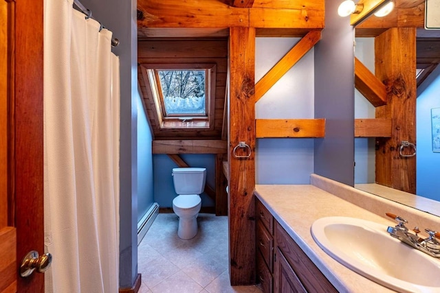 bathroom featuring baseboard heating, vanity, toilet, and curtained shower