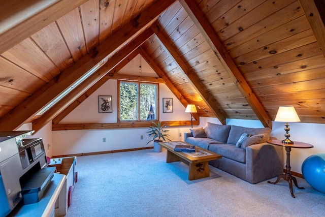 living room featuring lofted ceiling with beams, carpet flooring, and wood ceiling