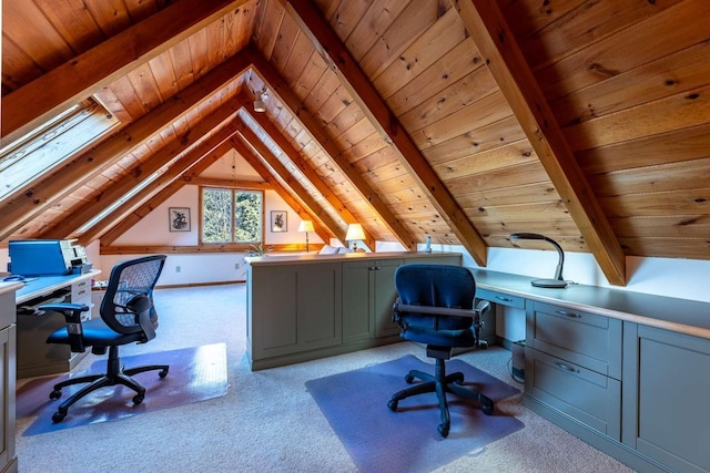 carpeted home office with wood ceiling and lofted ceiling with beams