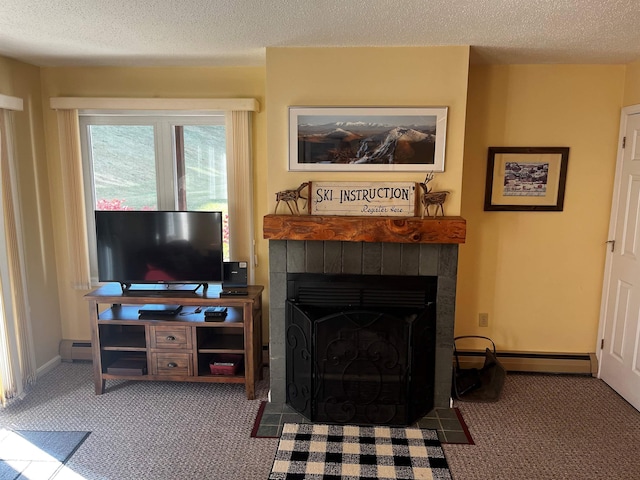 living room featuring a tile fireplace, carpet floors, a textured ceiling, and baseboard heating