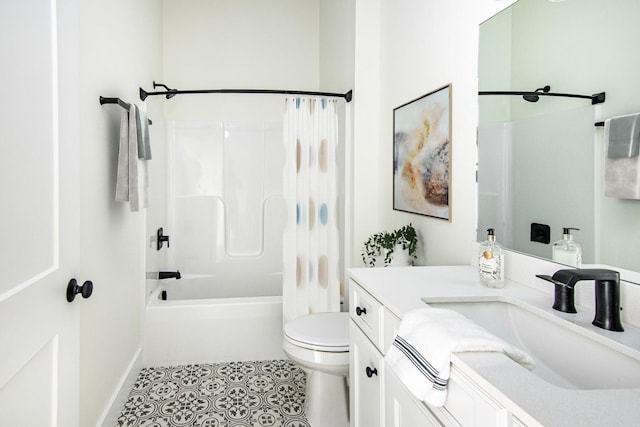 full bathroom featuring shower / tub combo with curtain, vanity, toilet, and tile patterned flooring