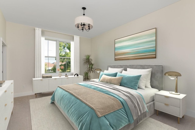 bedroom with a notable chandelier and light colored carpet