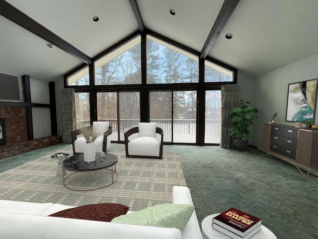 carpeted living room with beamed ceiling, high vaulted ceiling, and a brick fireplace