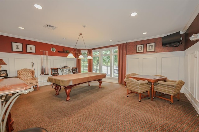 game room with crown molding, carpet flooring, and pool table