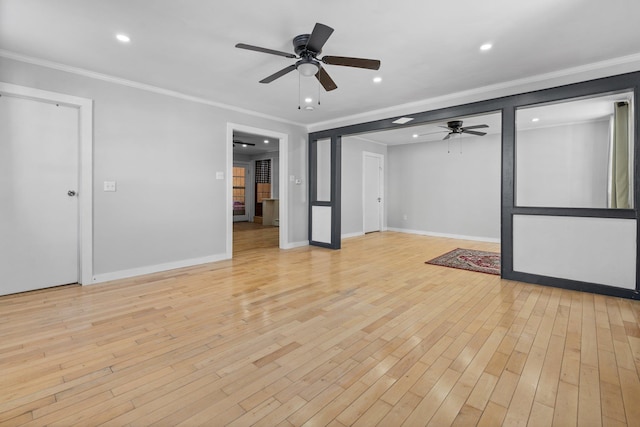 interior space with crown molding, ceiling fan, and light wood-type flooring