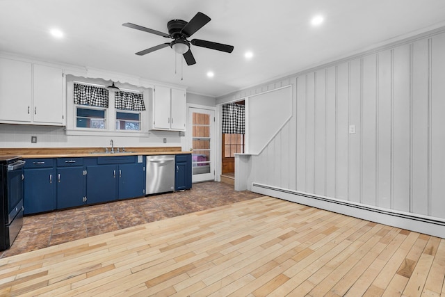 kitchen featuring white cabinetry, sink, blue cabinetry, and dishwasher