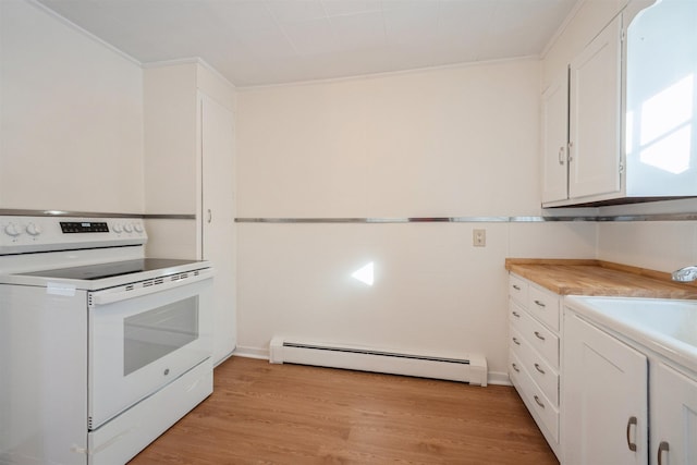 kitchen with a baseboard radiator, white electric range, white cabinets, and light wood-type flooring