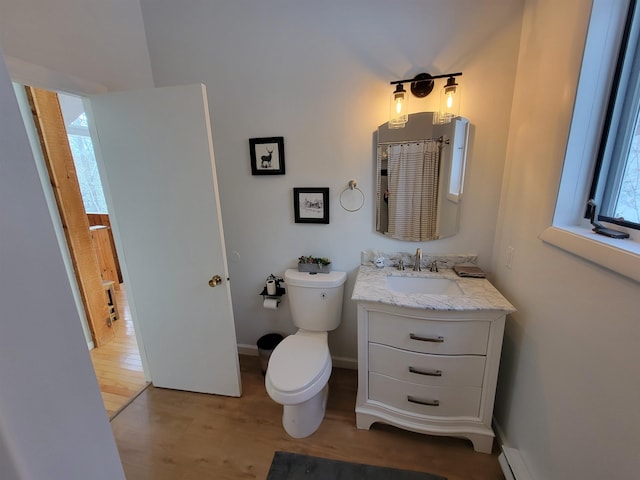 bathroom with vanity, hardwood / wood-style flooring, plenty of natural light, and toilet