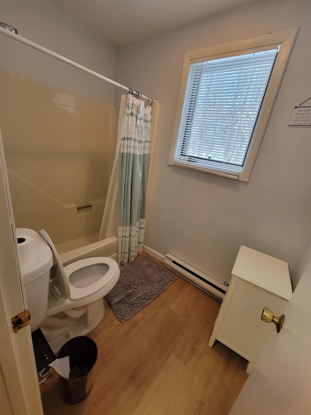 bathroom with hardwood / wood-style flooring, a baseboard radiator, shower / bathtub combination with curtain, and toilet