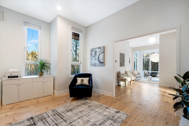 sitting room with light hardwood / wood-style flooring