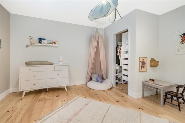 bedroom with a spacious closet and wood-type flooring