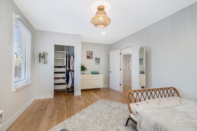 bedroom featuring a spacious closet, a closet, and light wood-type flooring