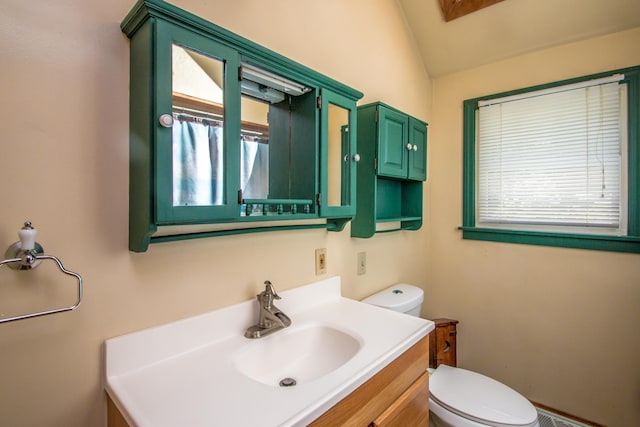 bathroom featuring vanity, plenty of natural light, lofted ceiling, and toilet