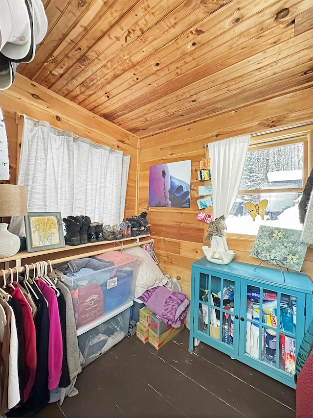 interior space featuring wood ceiling and wooden walls