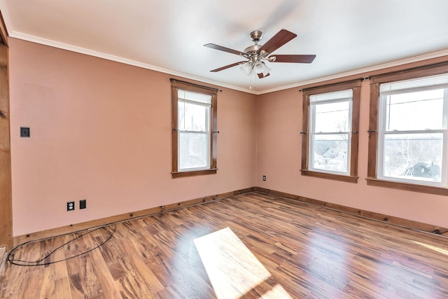 spare room with crown molding, ceiling fan, and hardwood / wood-style floors