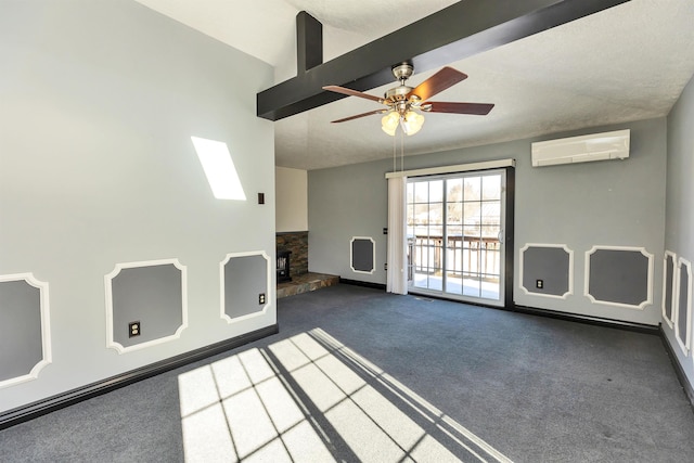 empty room featuring ceiling fan, dark carpet, vaulted ceiling with beams, and a wall unit AC