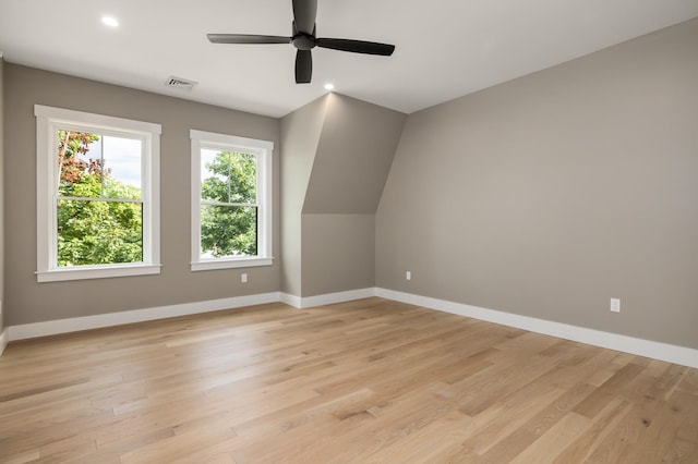 bonus room featuring ceiling fan and light hardwood / wood-style flooring