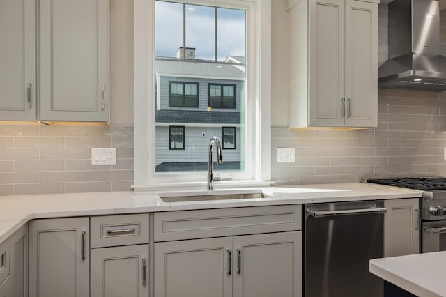 kitchen featuring wall chimney exhaust hood, sink, tasteful backsplash, white cabinetry, and stainless steel appliances