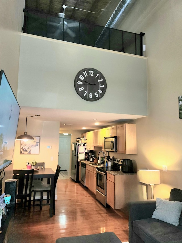 kitchen with a towering ceiling, hardwood / wood-style floors, decorative light fixtures, sink, and stainless steel appliances