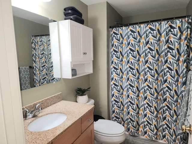 bathroom with vanity, toilet, and a shower with shower curtain