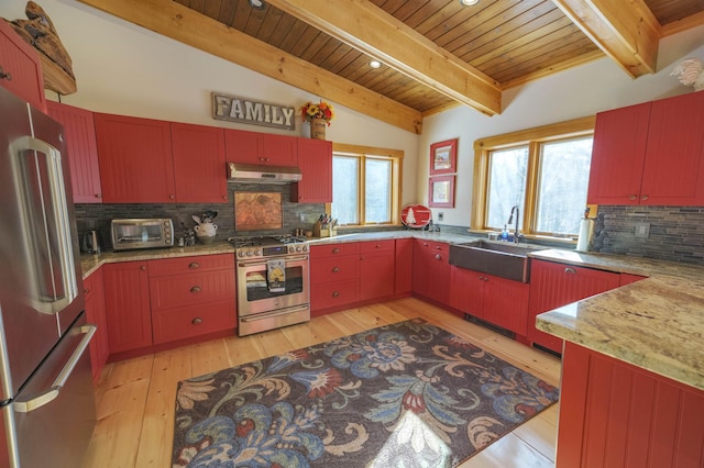 kitchen with sink, appliances with stainless steel finishes, backsplash, lofted ceiling with beams, and light hardwood / wood-style floors