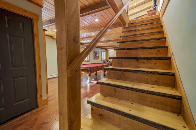 stairway with wood ceiling, a baseboard radiator, beamed ceiling, and wood-type flooring