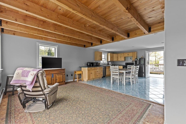 tiled living room with wood ceiling and beam ceiling