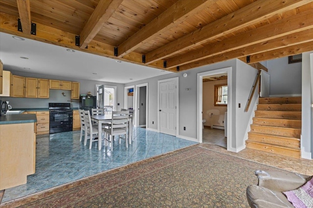 unfurnished dining area with sink, a baseboard radiator, wooden ceiling, and beamed ceiling