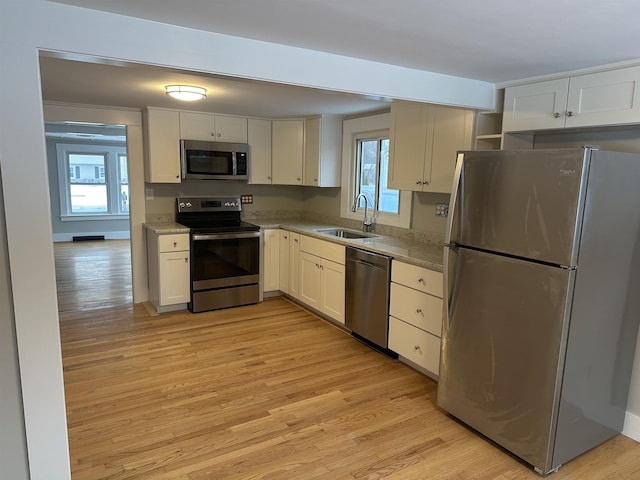 kitchen featuring sink, stainless steel appliances, light hardwood / wood-style floors, and white cabinets