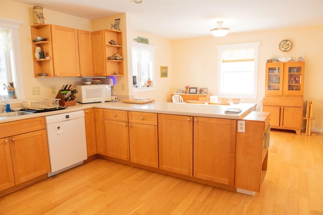 kitchen with light hardwood / wood-style flooring, sink, white appliances, and plenty of natural light