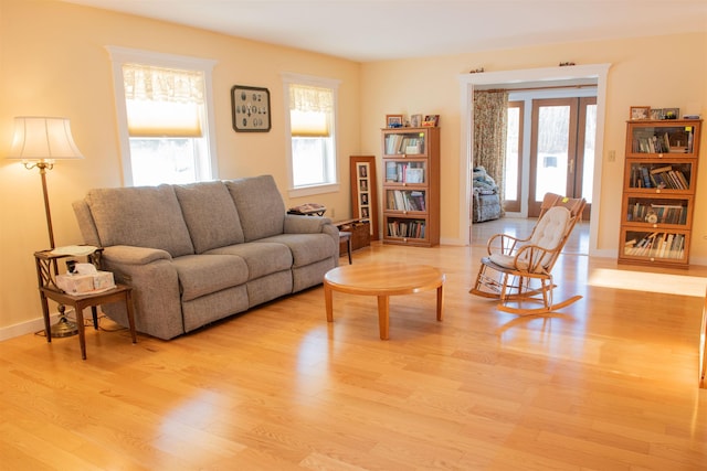 living room with a wealth of natural light and light hardwood / wood-style floors