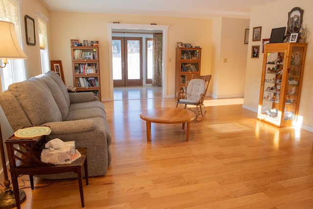 living room with light hardwood / wood-style floors and french doors