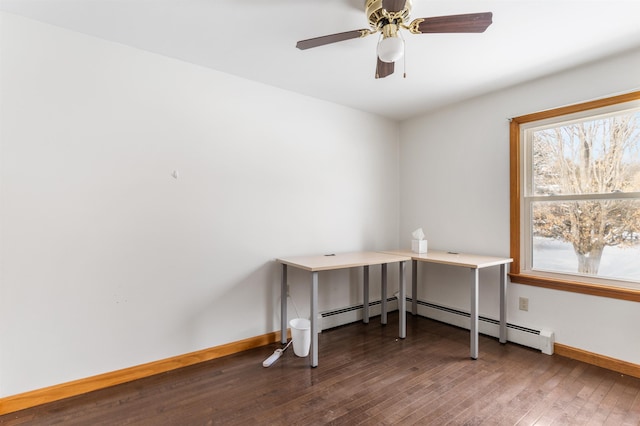 office area with wood-type flooring and ceiling fan