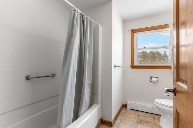 bathroom featuring shower / tub combo with curtain, tile patterned floors, baseboard heating, and toilet