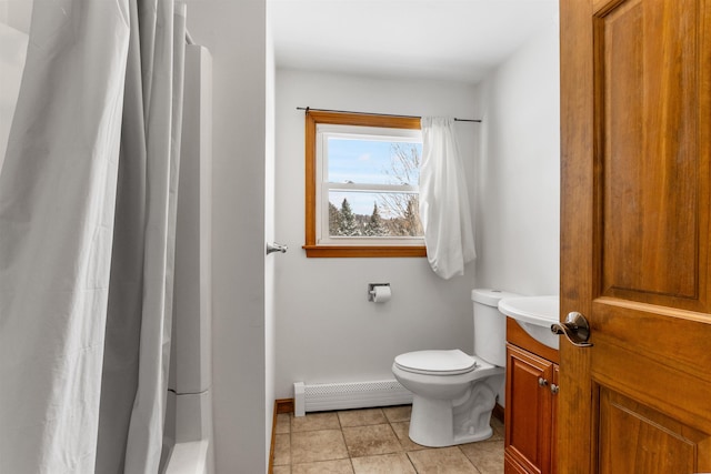 bathroom with vanity, a baseboard heating unit, toilet, tile patterned floors, and a shower with shower curtain