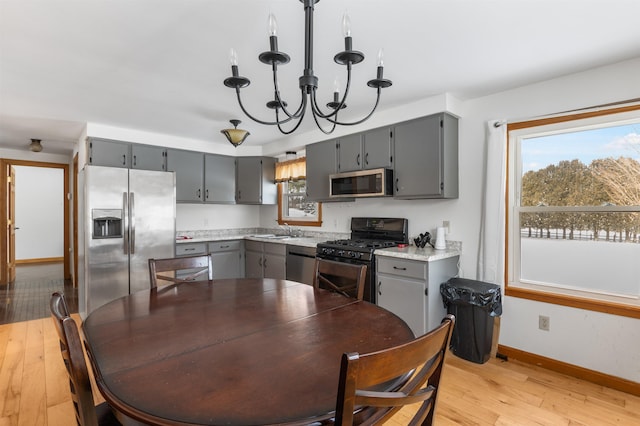 kitchen featuring sink, gray cabinets, hanging light fixtures, and appliances with stainless steel finishes