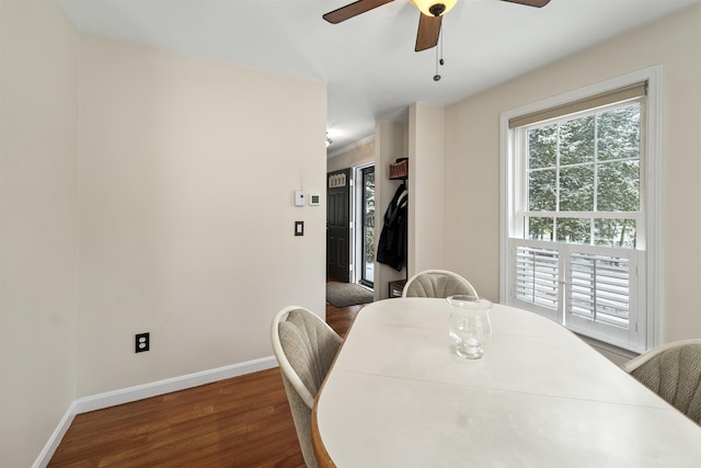 dining room featuring dark hardwood / wood-style flooring, a wealth of natural light, and ceiling fan