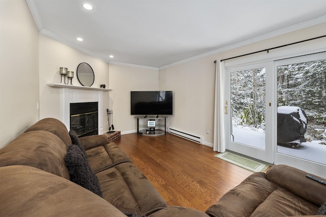 living room with ornamental molding, wood-type flooring, and a baseboard heating unit