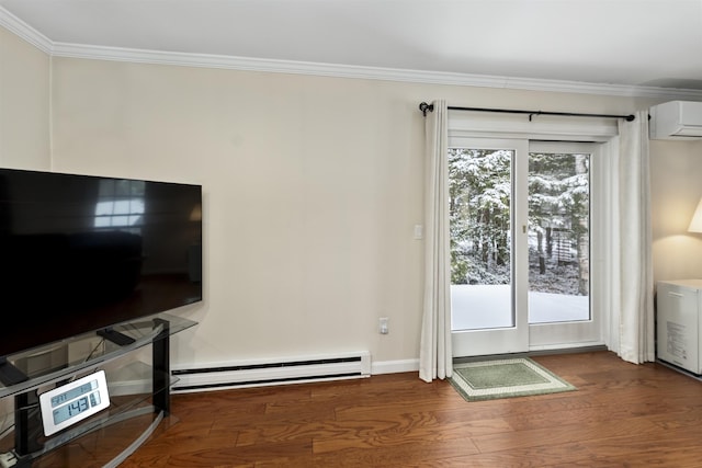 doorway featuring baseboard heating, ornamental molding, dark hardwood / wood-style floors, and a wall unit AC