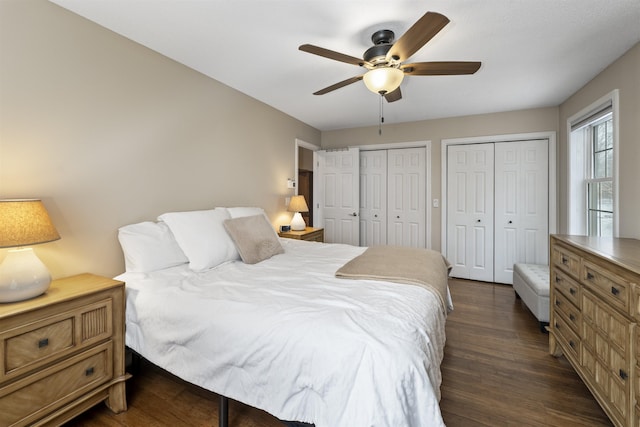 bedroom with dark hardwood / wood-style flooring, ceiling fan, and multiple closets