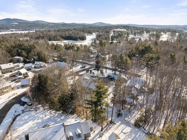 snowy aerial view with a mountain view