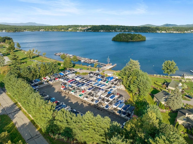 drone / aerial view with a water and mountain view