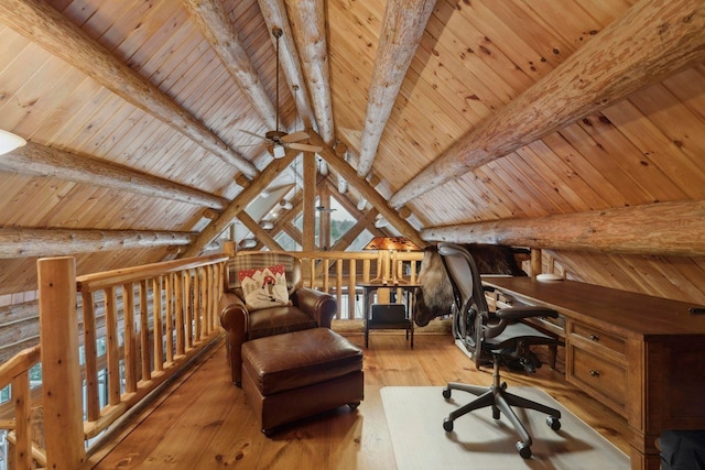 home office featuring wood ceiling, light hardwood / wood-style flooring, and vaulted ceiling with beams