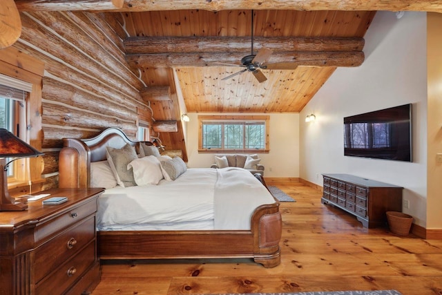 bedroom featuring vaulted ceiling with beams, rustic walls, light hardwood / wood-style flooring, and wooden ceiling